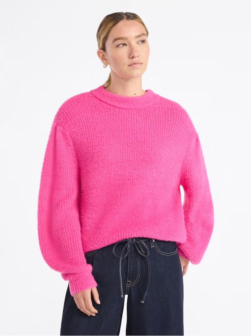 Scoop Women's Oversized Crewneck Balloon-Sleeve Sweater in Bright Pink